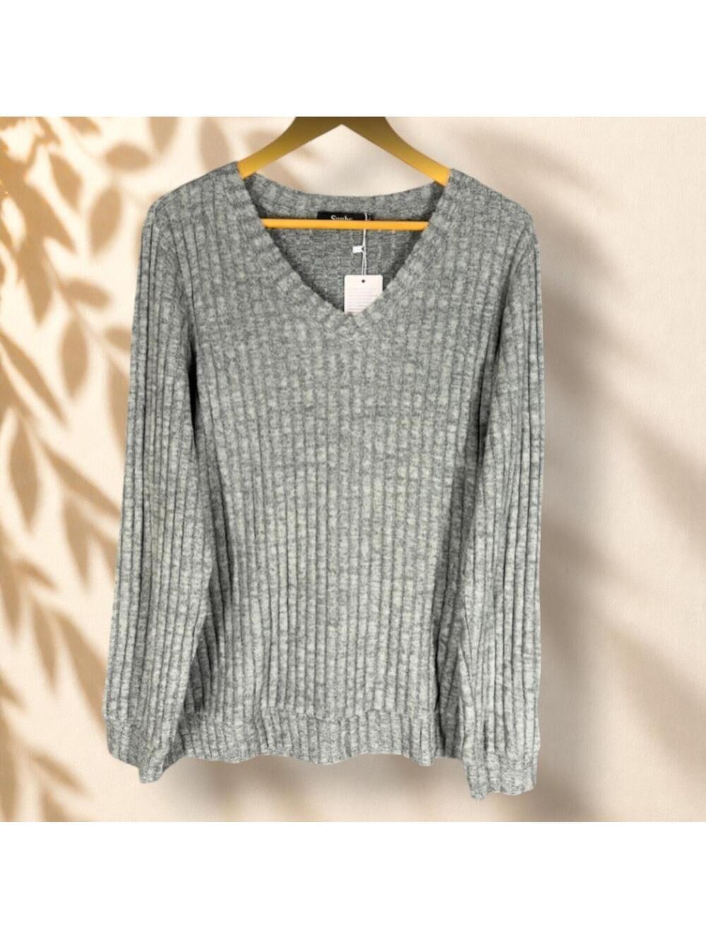 New Sunbs Sweater Pullover Women XL Gray Knit V-Neck Long Sleeve Soft Cozy Rayon